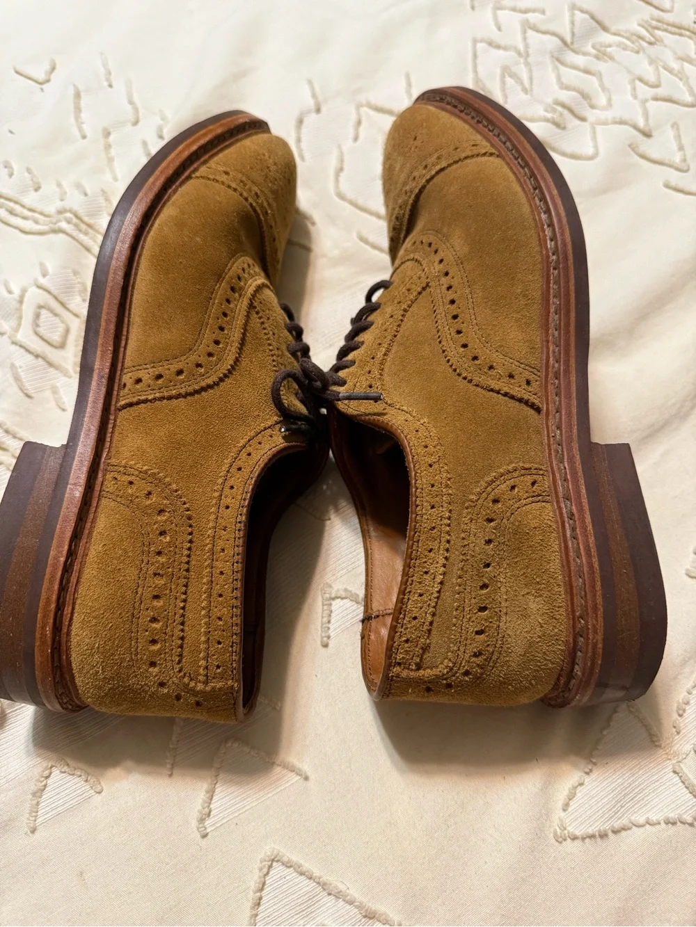Allen Edmonds Tan Suede Wingtip Derbys with Brown Laces